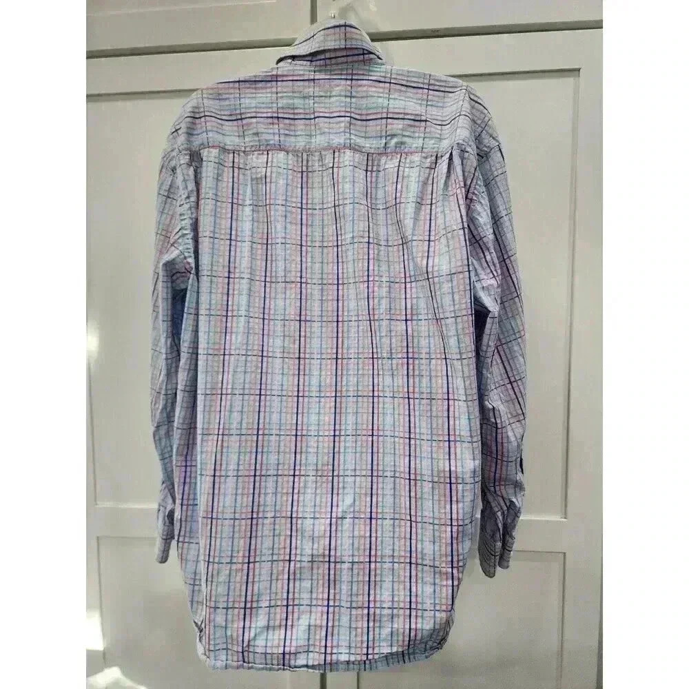 Alan Flusser Shirt Mens Large Blue Pink Green Colors Button Up Cotton Preppy - Picture 3 of 6